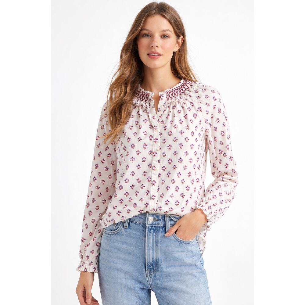 Maison Me Floral Blouse Women’s Small Ivory Ruffle Neck Boho Cottagecore Top